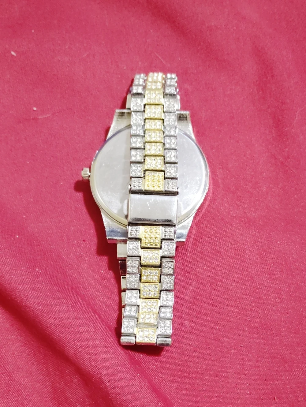 Stainless Steel And Gold Plated Watch With CZ Stones And Green Dial